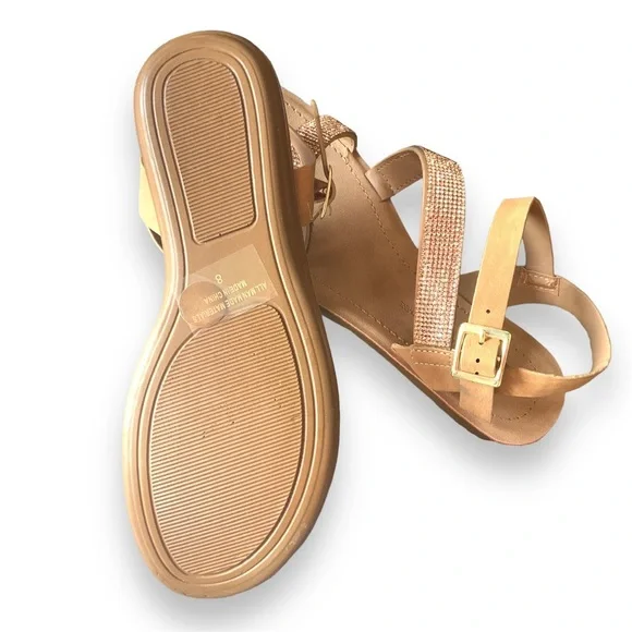 Vegan Leather Faux Rose Gold Rhinestone Detail Side Buckle Sandals - Picture 7 of 10